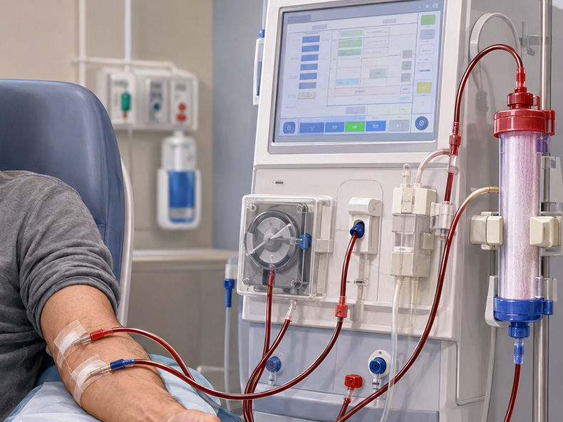 Machine d'hémodialyse reliée à la fistule artério-veineuse lors d'une séance